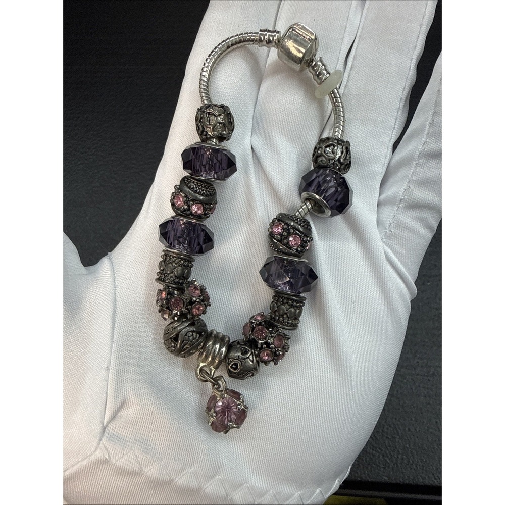 Pink Rhinestone Sterling Silver Bracelet With Beads & Clasp